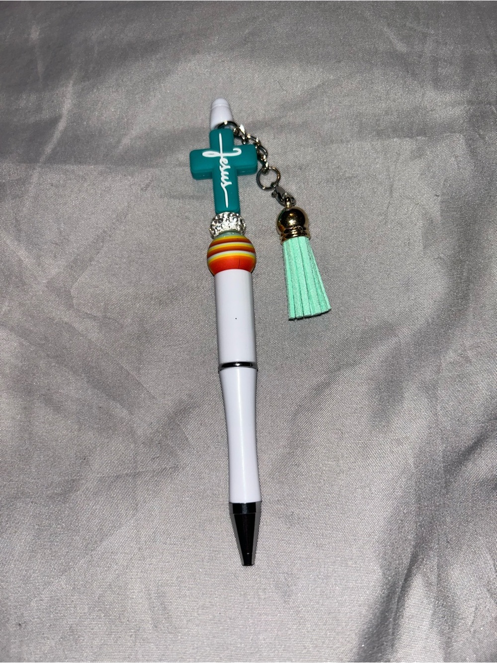 White Ballpoint Pen with Teal Cross Charm and Mint Tassel